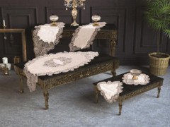 Living room Table Set - Ensemble de salon en velours guipure jasmin français 5 pièces argent crème 100259805 - Turkey