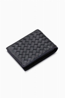 Wallet - Knitted Patterned Black Leather Men's Wallet with Purple Edge 100346157 - Turkey