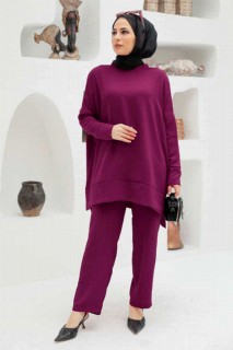 Outwear - Plum Color Hijab Dual Suit Dress 100339919 - Turkey