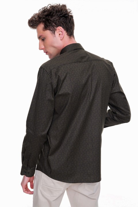 Men's Green Cotton Slim Fit Slim Fit Jacquard Patterned Italian Collar Long Sleeve Shirt 100351201