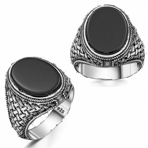 Onyx Stone Rings - Straw Motif Stone Silver Ring 100350250 - Turkey