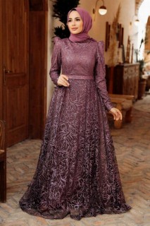 Woman Clothing - Dark Dusty Rose Hijab Evening Dress 100341385 - Turkey