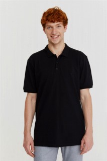 Men's Black Basic Polo Neck Pocketless Battal Wide Cut Dobby T-Shirt 100351226