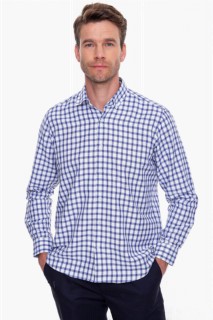 Men's Blue Regular Fit Comfy Cut Black Button Collar Long Sleeve Shirt 100351169