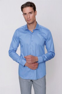 Men's Blue Compact Slim Fit Slim Fit Plain 100% Cotton Satin Shirt 100350885