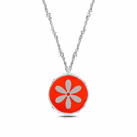 Necklaces - Red Enamel Flower Motif Sterling Silver Necklace 100347636 - Turkey