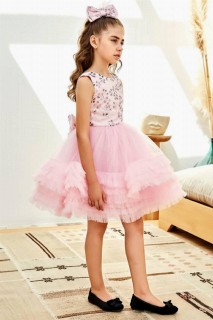 Kids - Girls' Pink Floral Embroidered Sequined and Fluffy Skirt Pink Evening Dress 100327669 - Turkey