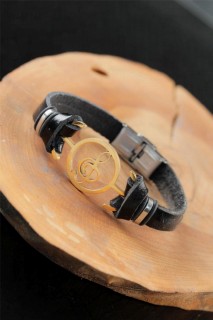 Bracelet - سوار معدني ذهبي اللون بتصميم يسار اللون أسود جلد للرجال 100318802 - Turkey