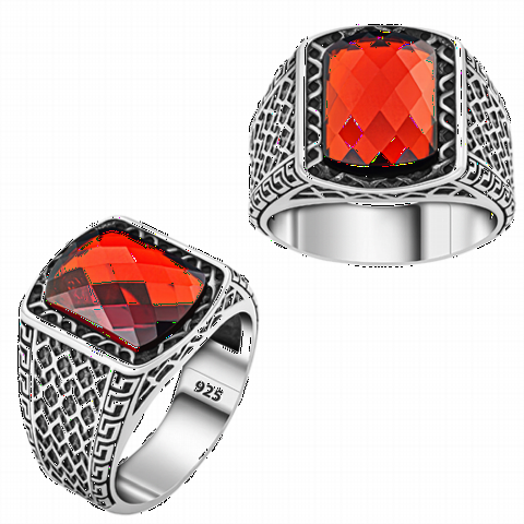 Honeycomb Pattern Red Zircon Stone Sterling Silver Ring 100350320