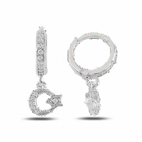 Jewelry & Watches - Moon and Star Silver Earrings with Zircon Stone 100347529 - Turkey