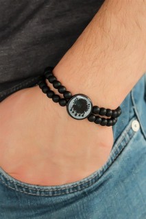 Bracelet - Black Color Double Row Natural Stone Men's Bracelet With Ottoman Crest Figure On Blue Metallic 100318482 - Turkey