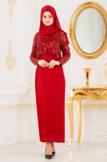 Evening & Party Dresses - Red Hijab Evening Dress 100299324 - Turkey