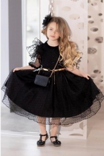 Girls Black Style Sleeves Fluffy Black Evening Dress 100328552