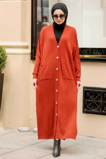 Cardigan - Terra Cotta Hijab Knitwear Cardigan 100339022 - Turkey