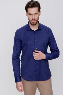 Men's Navy Blue Straight Slim Fit Slim Fit Satin Lycra Shirt 100350745