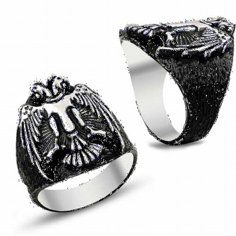 Animal Rings - Double Headed Eagle Motif Sterling Silver Men's Ring on Black 100348580 - Turkey