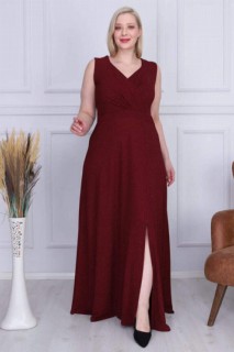 Plus Size - Plus Size Silbriges flexibles langes Abendkleid Claret Red 100276344 - Turkey