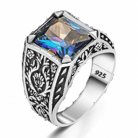 Men Shoes-Bags & Other - Flower Detailed Silver Ring with Mystic Topaz Stone 100350377 - Turkey