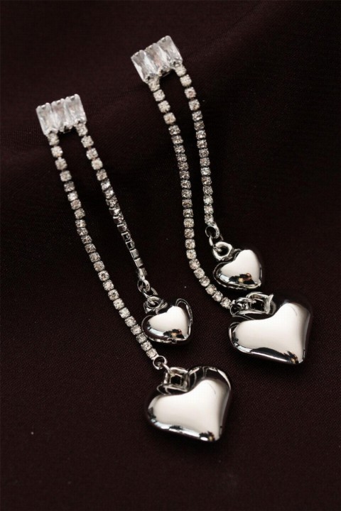 Earrings - Steel Silver Color Stone Convex Heart Design Long Earrings 100319645 - Turkey