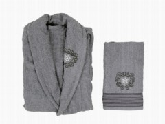 Set Robe - Scar Embroidered 100% Cotton Single Bathrobe Set Gray 100329400 - Turkey
