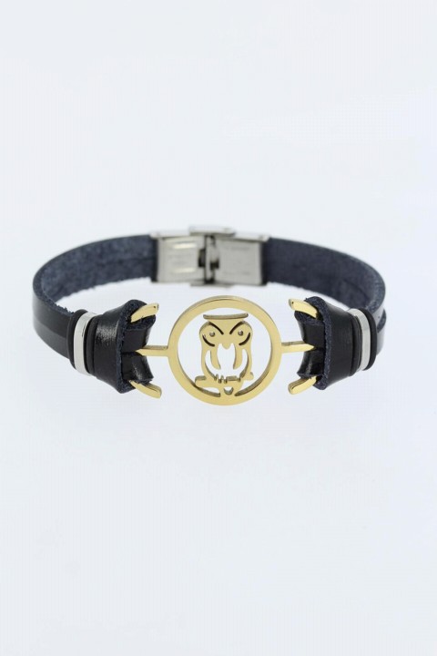 Gold Color Owl Figured Black Color Leather Men's Bracelet With Metal Accessories 100318583