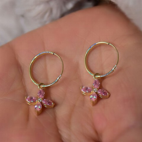 Jewelry & Watches - Pink Zircon Stone Flower Dangle Earrings Gold 100350010 - Turkey