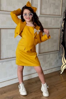 Kids - Girl Butterfly Brooch and Crowned Blazer Jacketed Mustard Dress 100327394 - Turkey