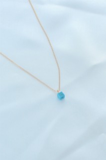 Necklaces - Gold Color Blue Bead Figure Women Necklace 100327933 - Turkey