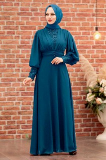 Evening & Party Dresses - İndigo Blue Hijab Evening Dress 100338279 - Turkey