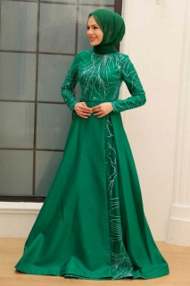 Woman Clothing - Green Hijab Evening Dress 100340710 - Turkey