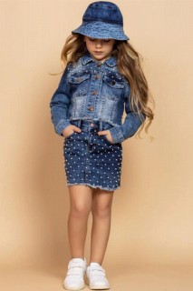 Boy Girl Plaid Sewing Detailed Beaded Embroidered and Hat Set of 4 Blue Denim Skirt 100327302