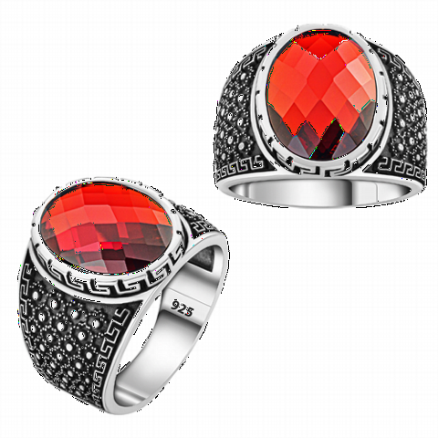 Zircon Stone Rings - Edge Patterned Red Zircon Stone Sterling Silver Ring 100350308 - Turkey