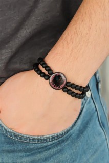 Men - Ottoman Emblem Claret Red Color Metal Accessory Black Onyx Natural Stone Men's Bracelet 100318491 - Turkey