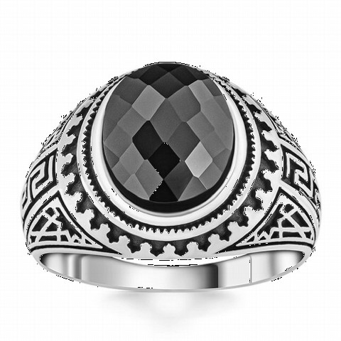 Zircon Stone Rings - Labyrinth Motif Detail Black Zircon Stone Silver Ring 100350370 - Turkey