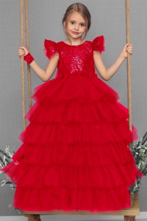 Kids - Girl's Waist Floral Embroidered Skirt Fluffy Katkat Tulle and Tarlatan Pulpye Red Evening Dress 100327417 - Turkey