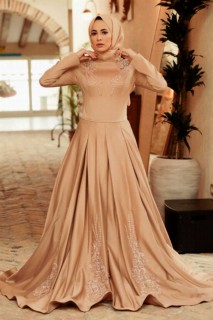 Wedding & Evening - Mink Hijab Evening Dress 100340718 - Turkey
