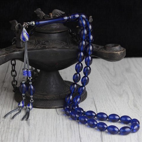 925 Sterling Silver Tasseled Blue Color Amber Rosary 100350405