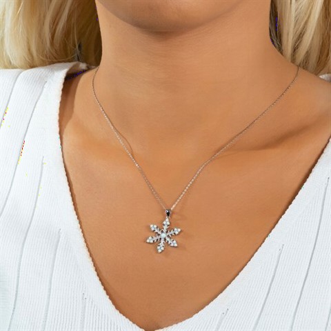 Necklaces - Opal Stone Detailed Snowflake Silver Necklace 100350076 - Turkey