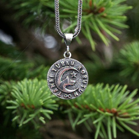 Necklace - God Bless the Song Written Moon Star Gray Wolf Patterned Silver Necklace 100348284 - Turkey