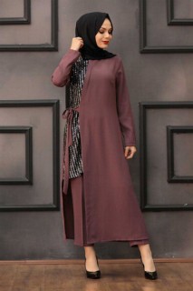 Outwear - Dark Dusty Rose Hijab Suit Dress 100337557 - Turkey
