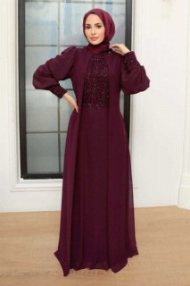 Wedding & Evening - Plum Color Hijab Evening Dress 100341247 - Turkey