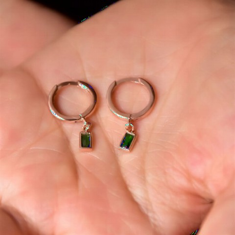 Jewelry & Watches - Green Baguette Stone Women's Sterling Silver Earrings Rose 100350006 - Turkey