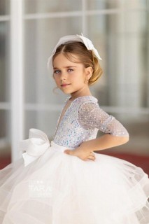 Girls' Half Sleeve Skirt Fluffy Tulle Pulpayet White Evening Dress 100328473