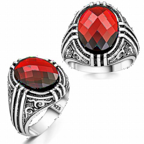 Zircon Stone Rings - Red Zircon Stone Patterned Sterling Silver Ring 100350258 - Turkey