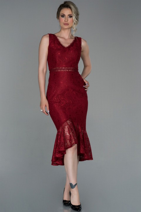 Wedding & Evening - Evening Dress Midi Sleeveless V Neck Lace Invitation Dress 100296786 - Turkey