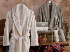 Set Robe - Sare Luxus-Bademantel-Set aus bestickter Baumwolle, Creme-Beige, 100259780 - Turkey
