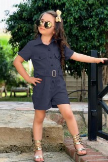 For Girls' Buttoned Double Pocket Short Sleeved Navy Blue Shorts Jumpsuit 100328379