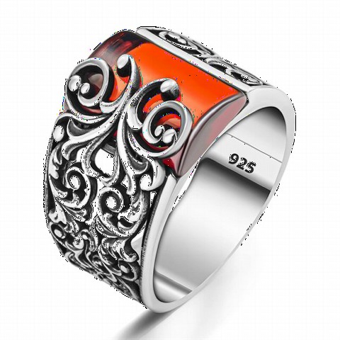 Flower Patterned Red Zircon Stone Sterling Silver Ring 100350368