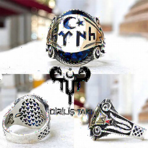 Silver Rings 925 - Ay Yıldız Göktürk Turkish Written Blue Stone Silver Men's Ring 100349117 - Turkey