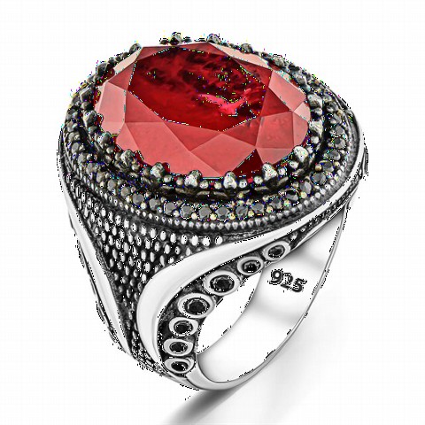 Zircon Stone Rings - Red Zircon Stone Dot Patterned Sterling Silver Men's Ring 100350333 - Turkey